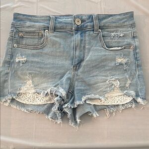 Distressed Denim Shorts with Lace Pockets Size 4
